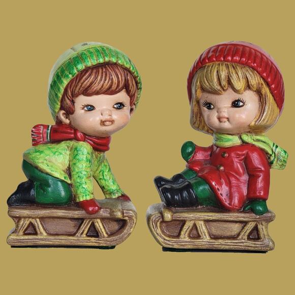 Vintage 1978 "Slippin and Slidin" Holiday Sledding Children Figurines - Picture 1 of 8